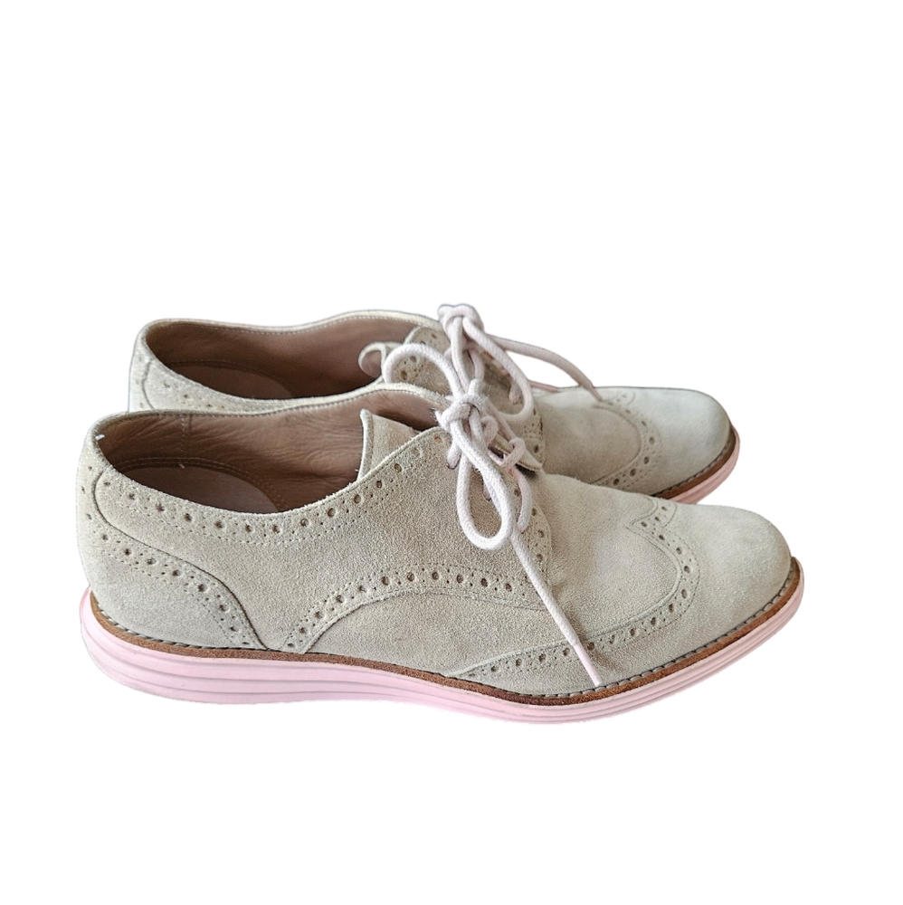Cole Haan Women's Suede Lace-Up Oxfords in Light Beige with Pink Sole